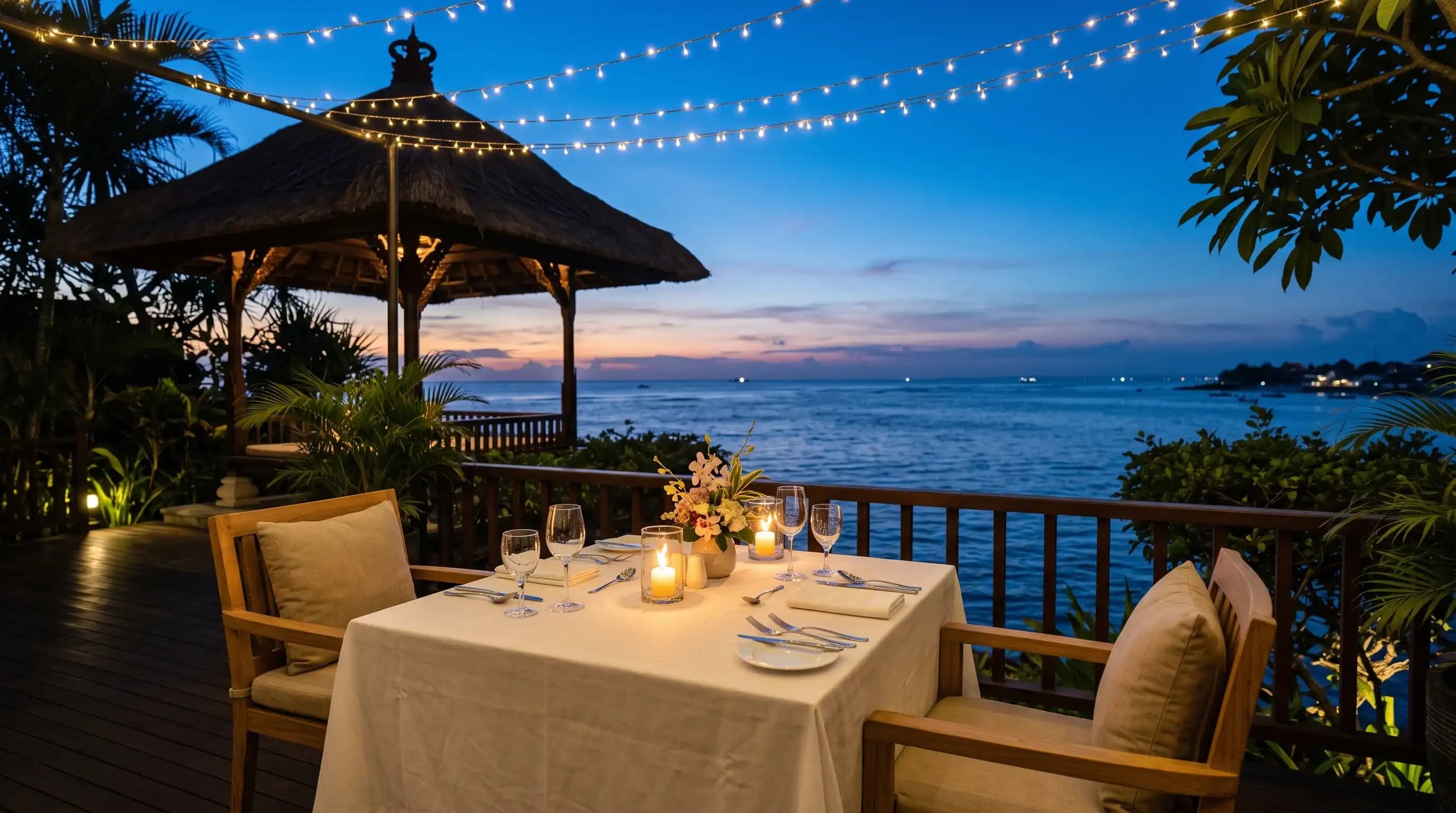 Table set at night facing the sea, intimate terrace at blue hour
