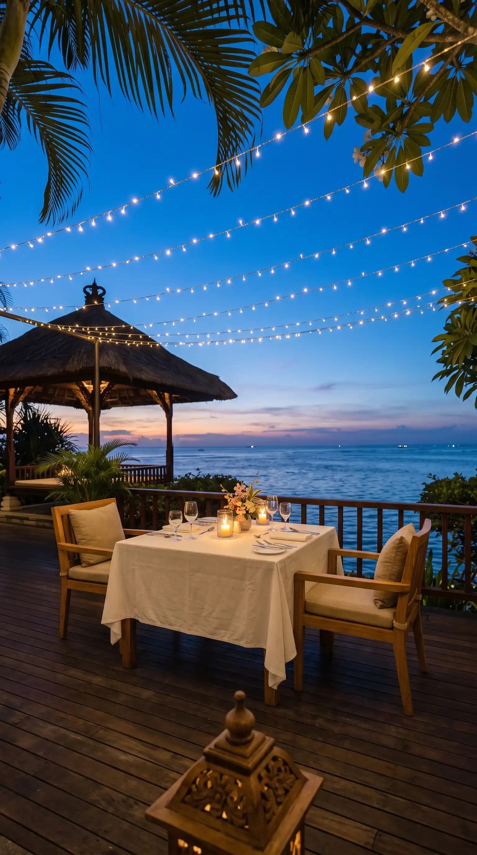 Table set at night facing the sea, intimate terrace at blue hour