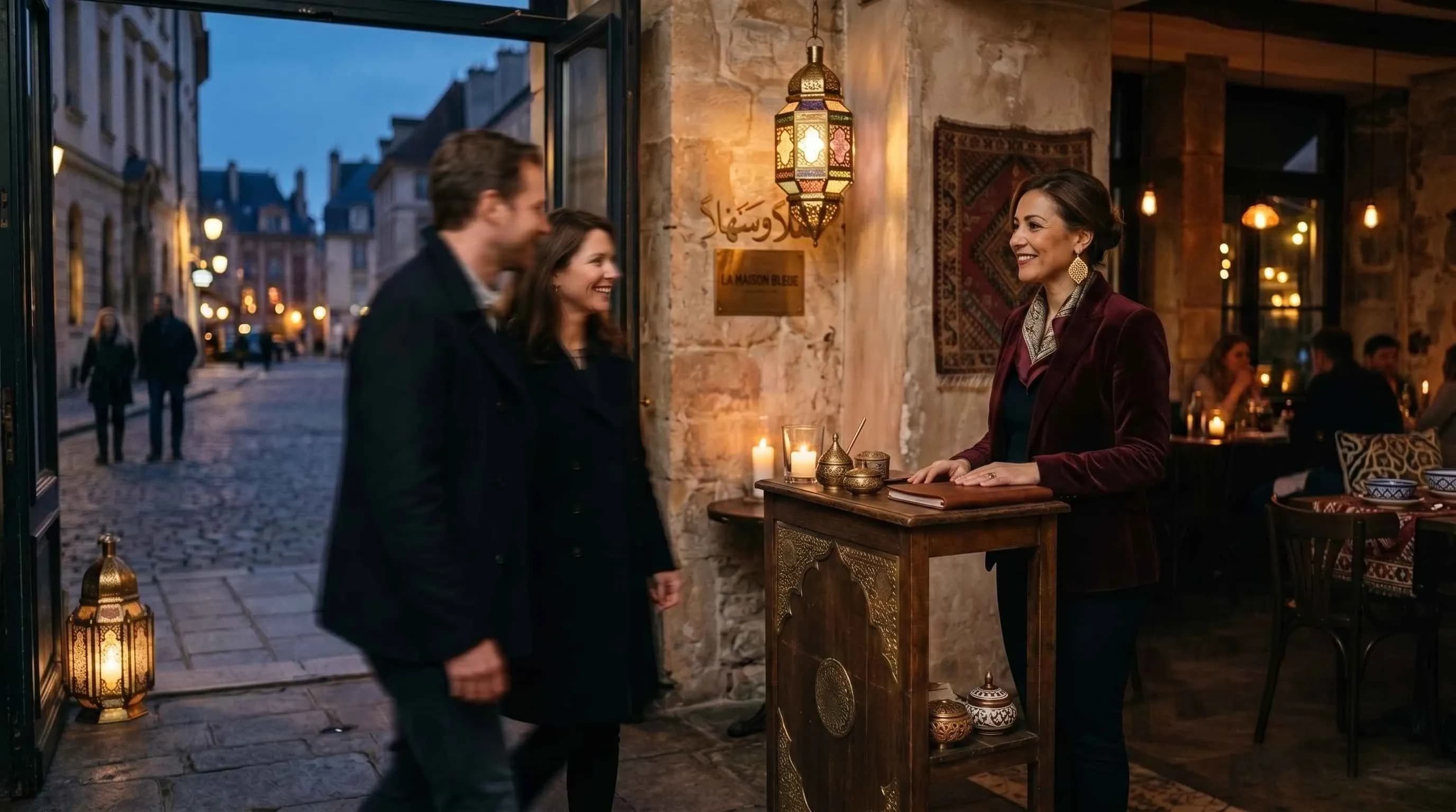 Host welcoming a couple at the entrance of a chic restaurant at dusk, dim lantern-lit ambiance