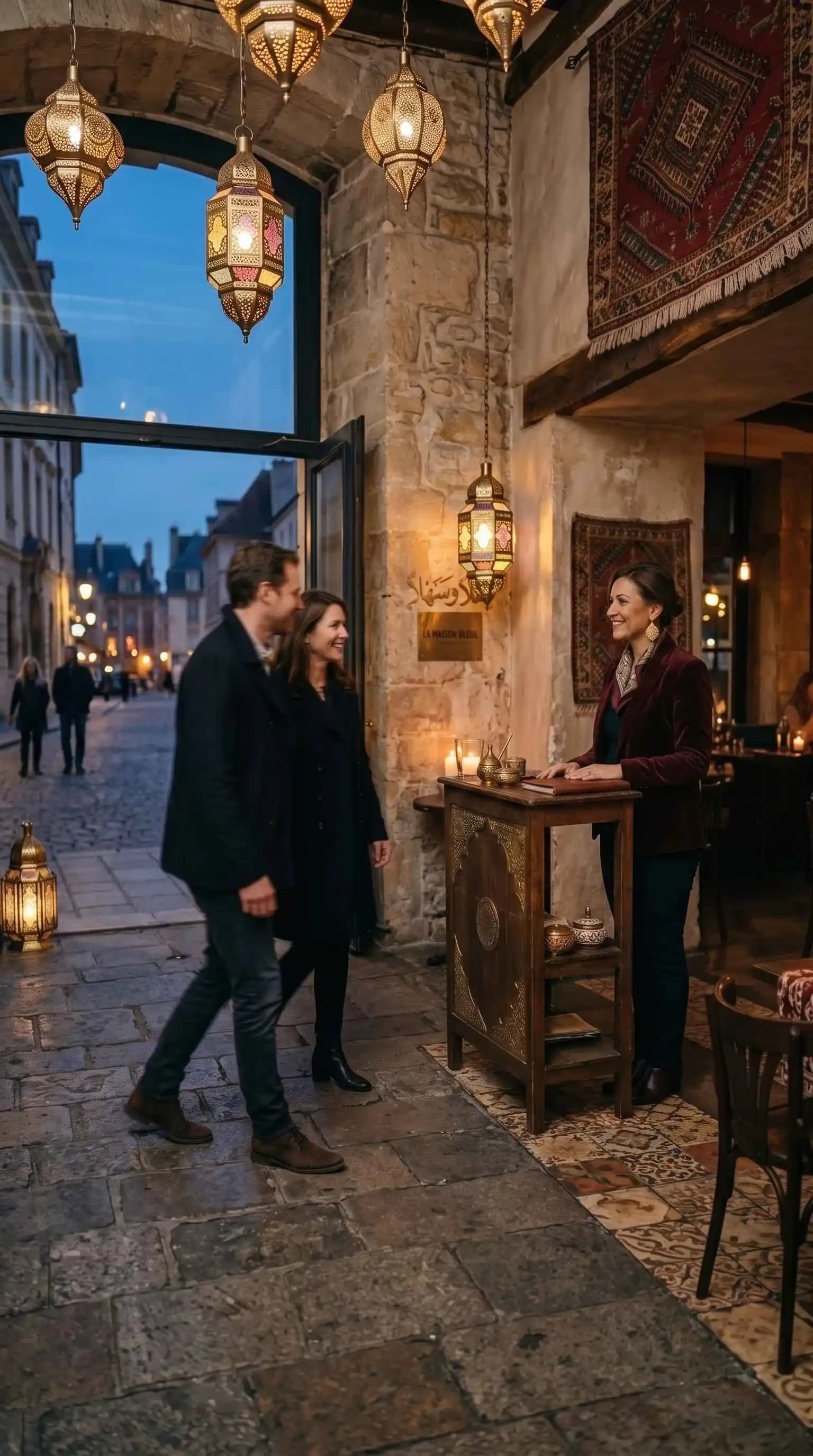 Host welcoming a couple at the entrance of a chic restaurant at dusk, dim lantern-lit ambiance