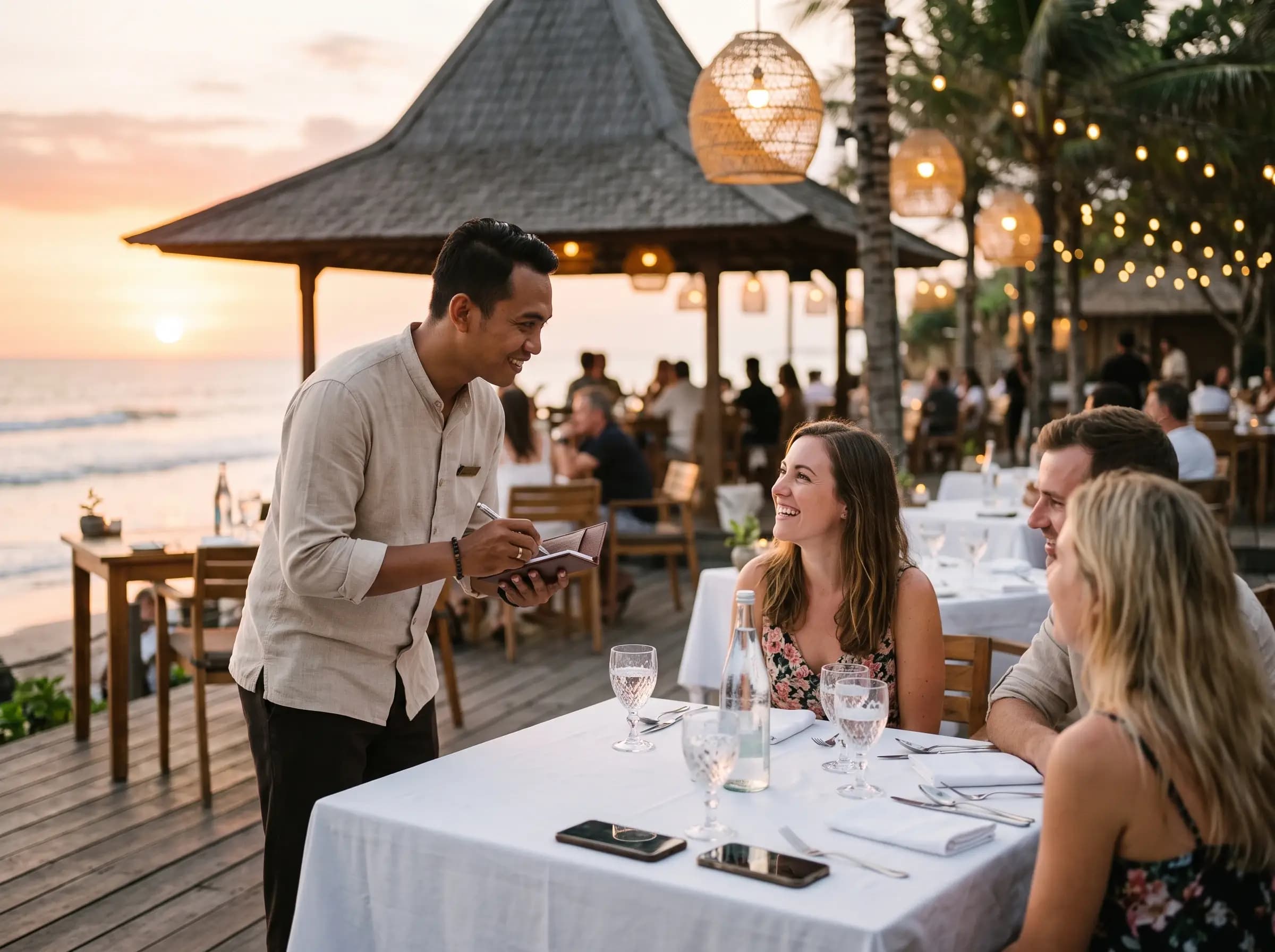 Server taking an order tableside on a beach club terrace at sunset