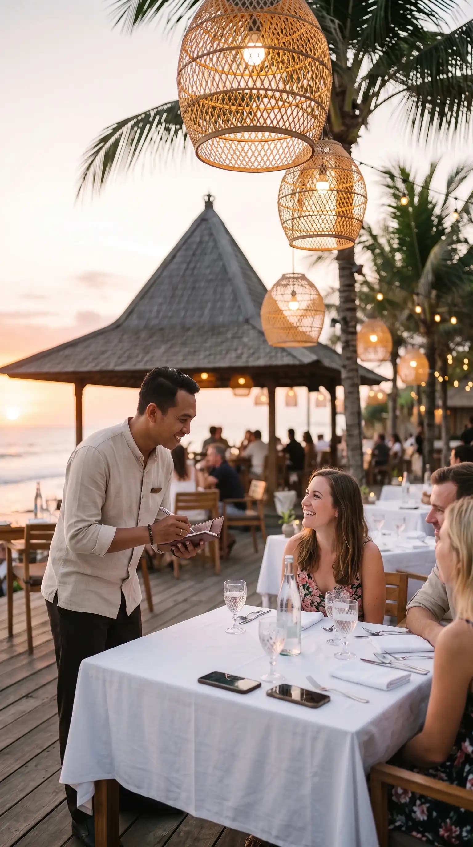 Server taking an order tableside on a beach club terrace at sunset