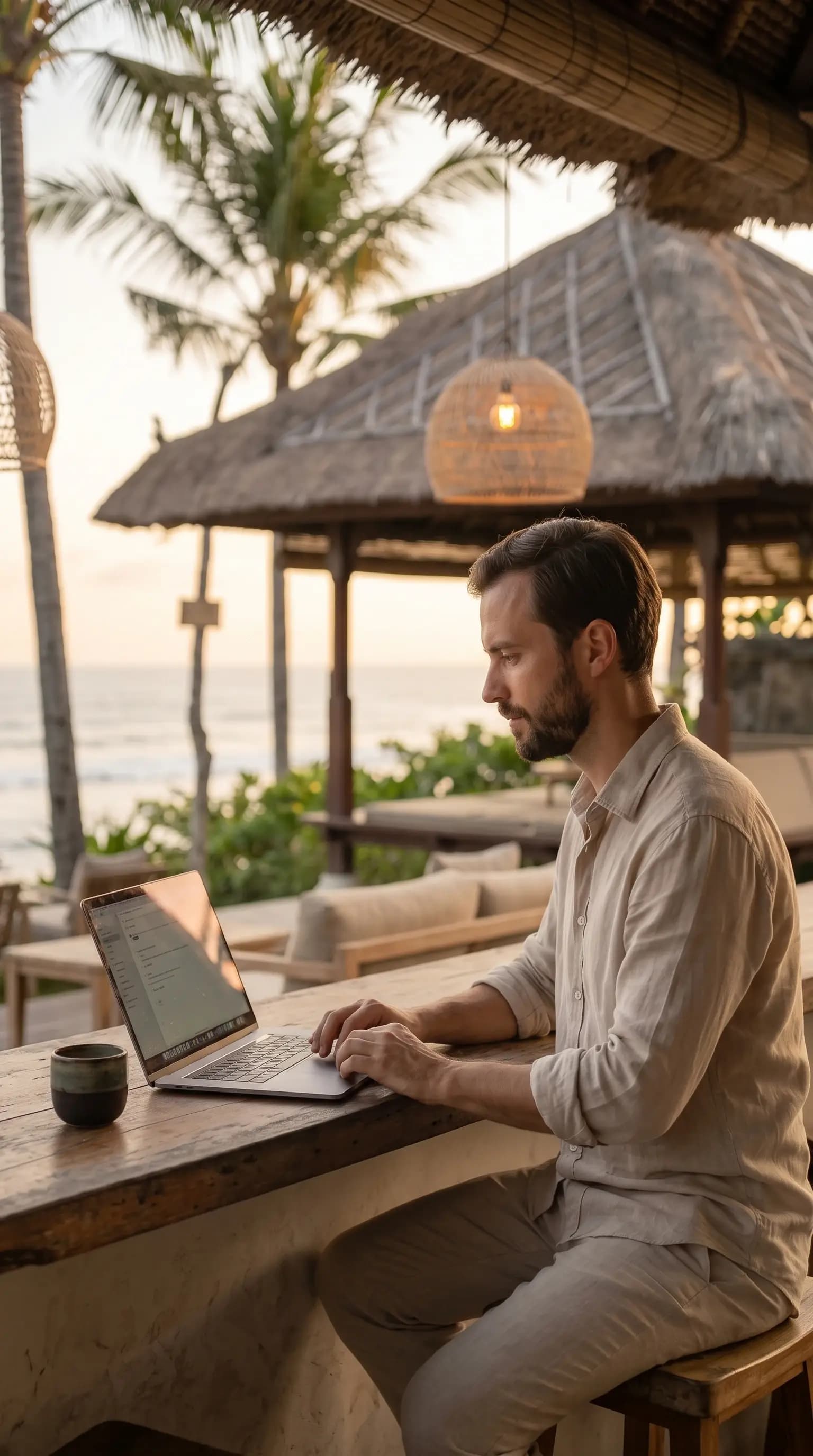 Restaurateur setting up their menu on a laptop, terrace at dawn