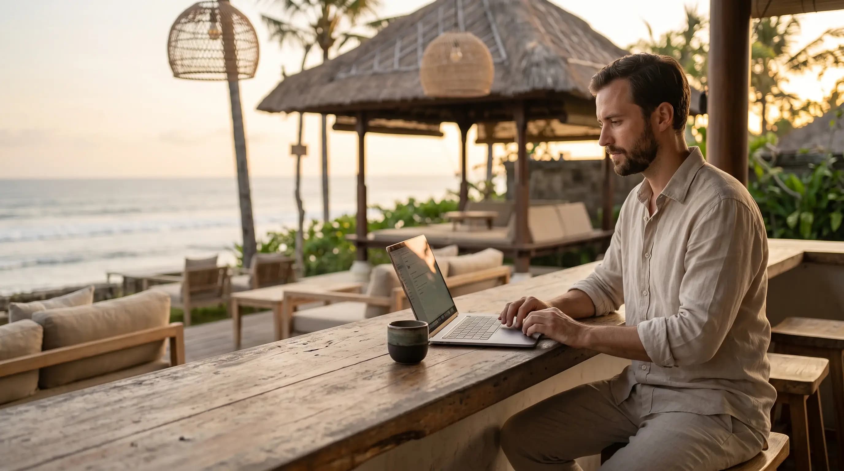 Restaurateur setting up their menu on a laptop, terrace at dawn