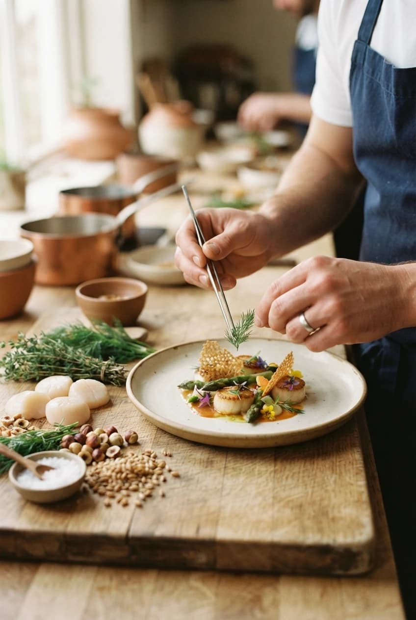 Close-up of fresh ingredients laid out in a kitchen: nuts, herbs and shellfish