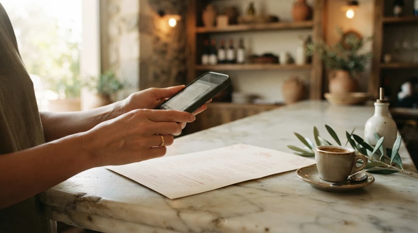 Restaurateur photographing a printed menu with a phone on a marble counter