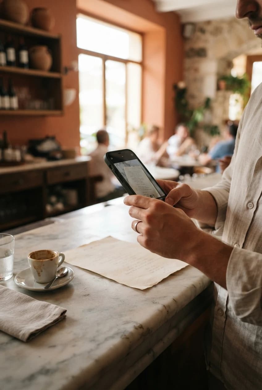 Restaurateur photographing a printed menu with a phone on a marble counter