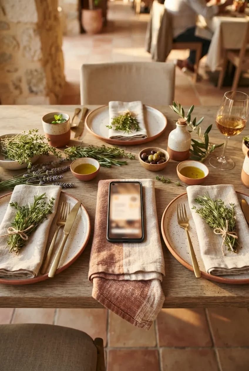 Overhead view of a laid table with a phone showing a premium menu
