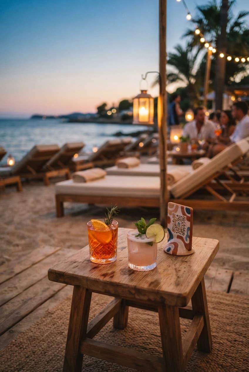 Beach club at sunset with a discreet QR code stand on a low table