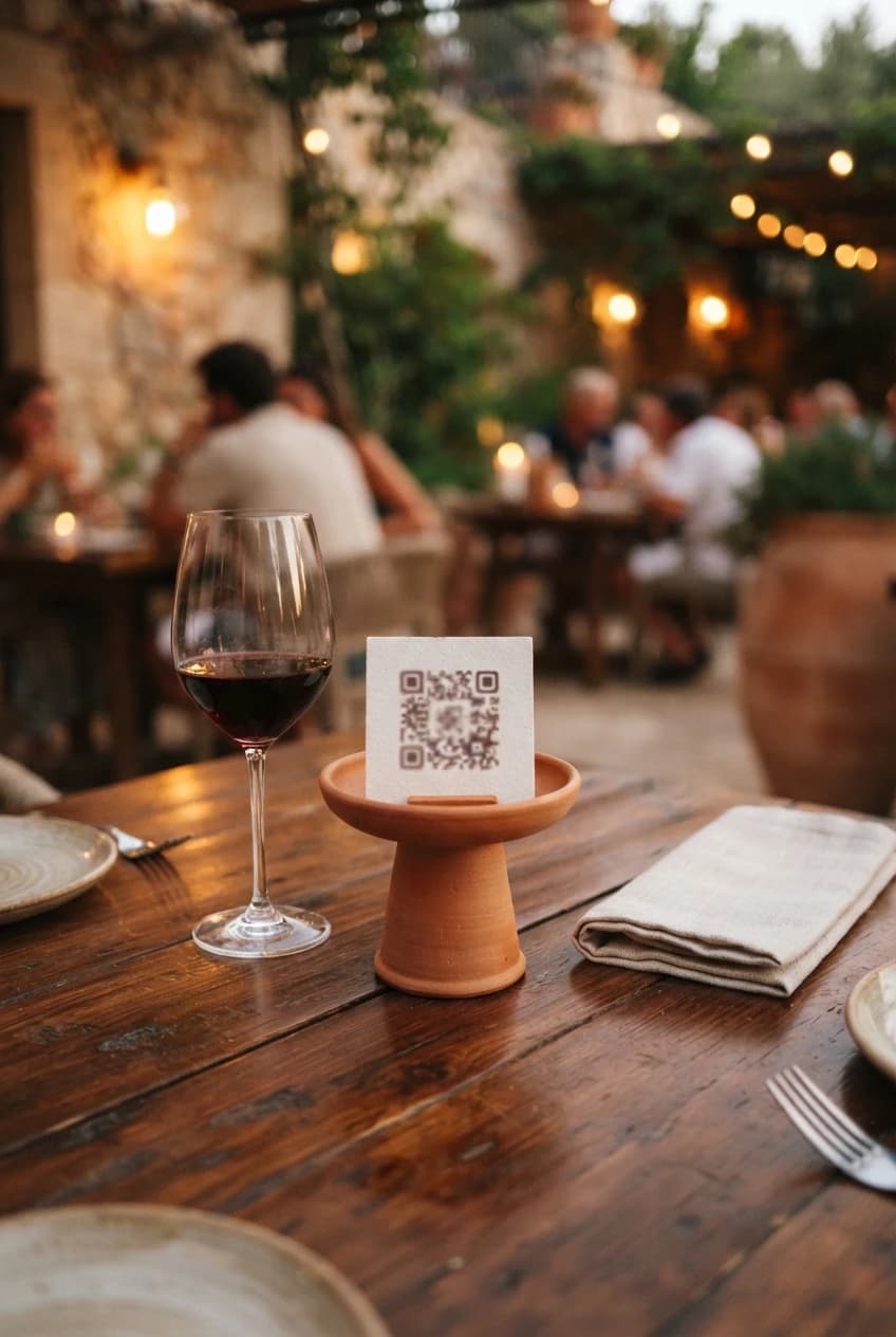 Restaurant table at dusk, a discreet QR code stand beside a glass of wine