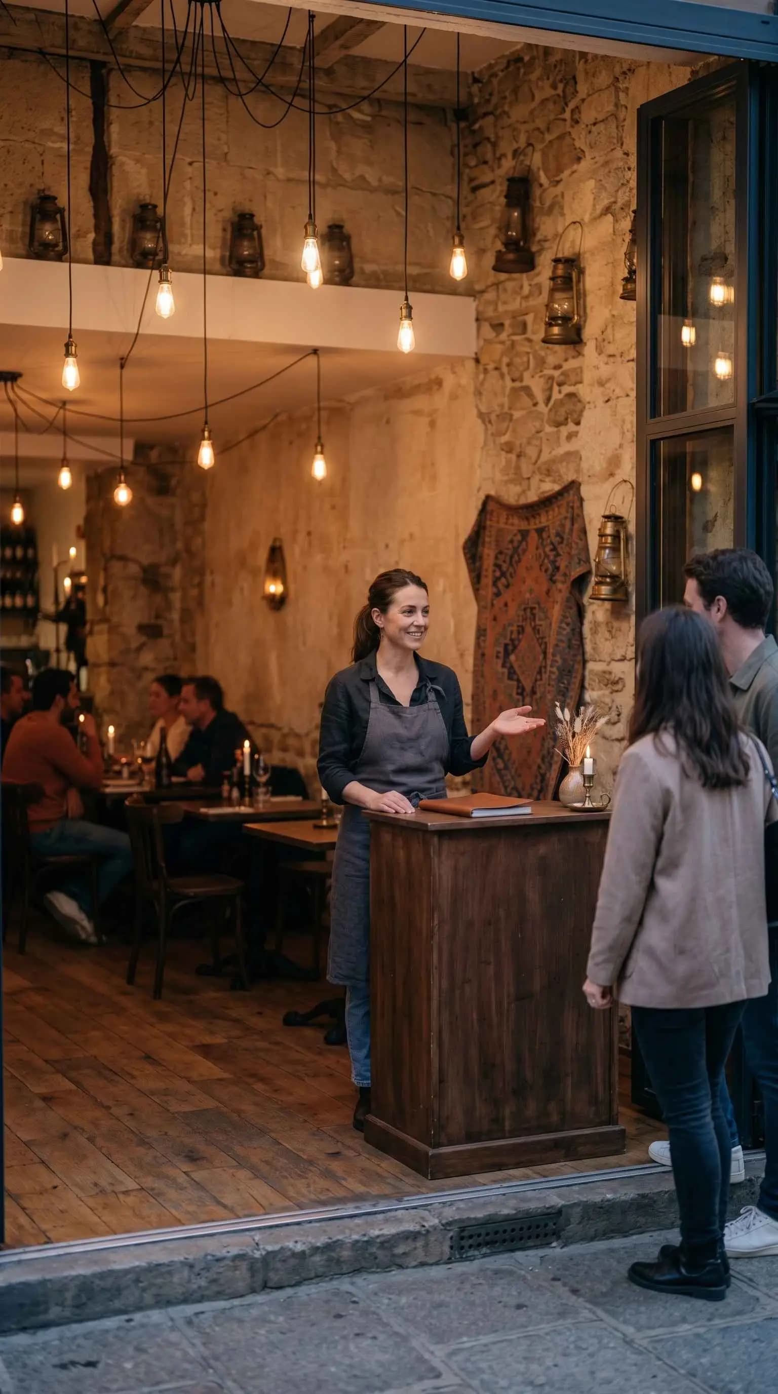 Host welcoming guests at the door of a smart restaurant at dusk