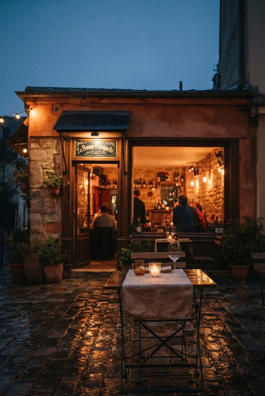 Restaurant front at nightfall, warm light spilling onto the pavement