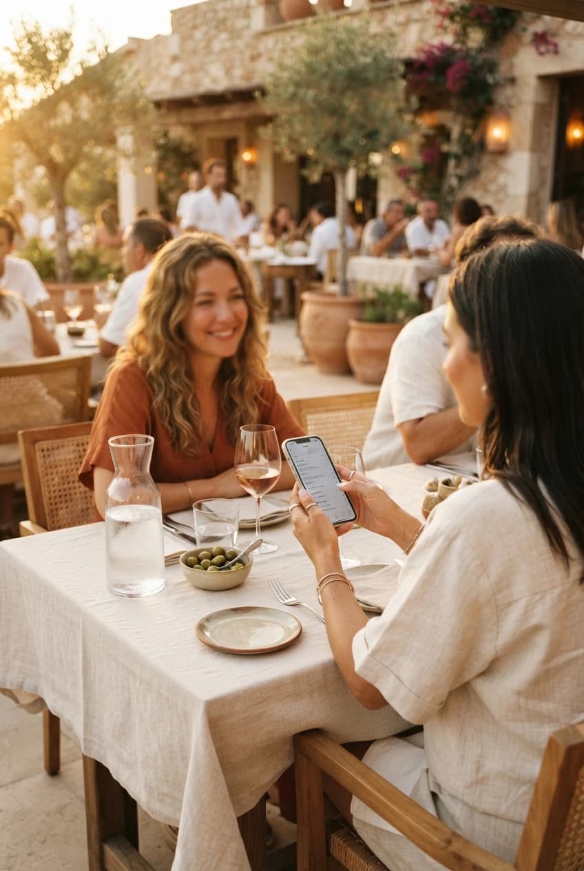 Guests at a terrace table reading a menu on a phone